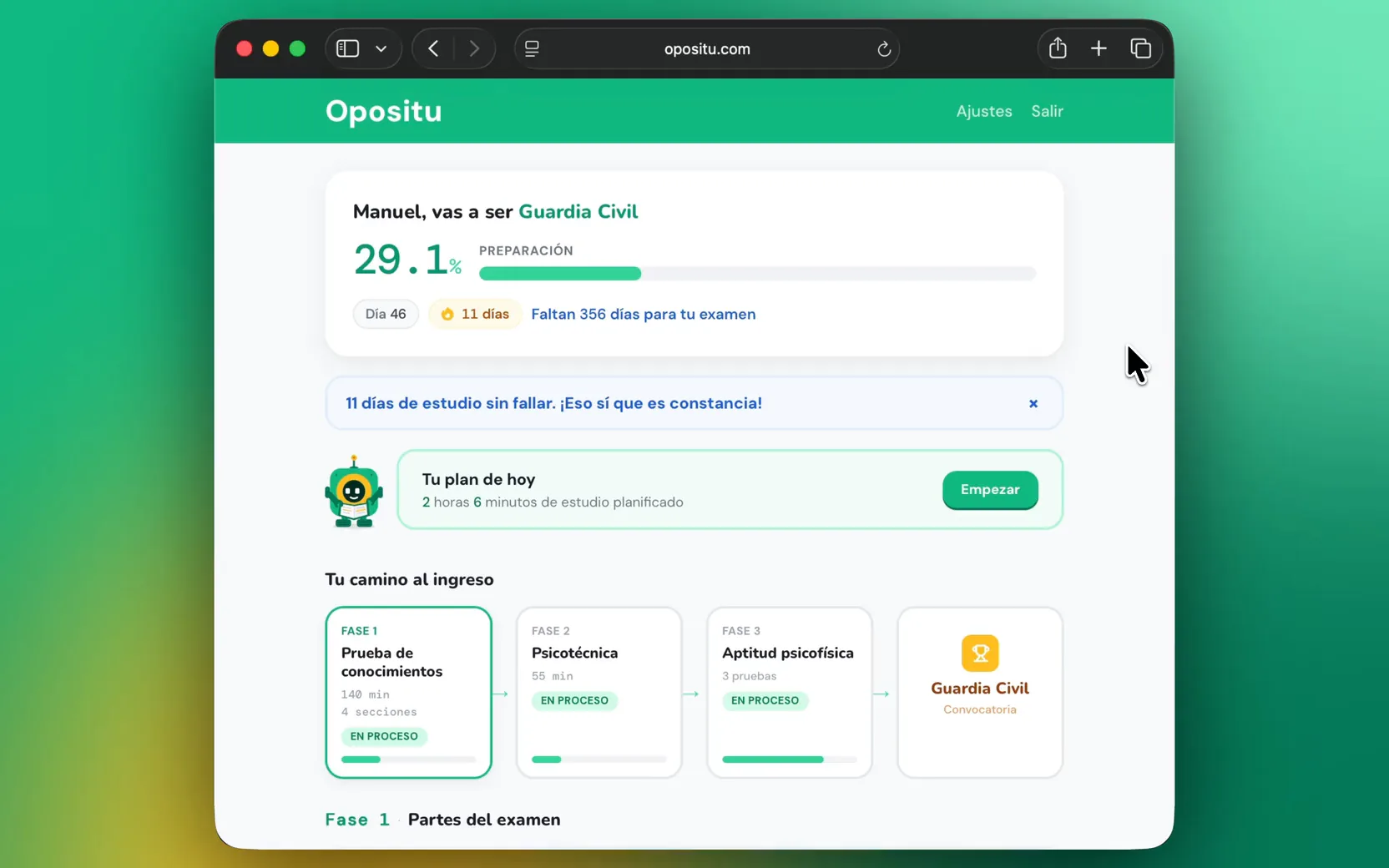 Recorrido en Opositu desde el panel con el porcentaje de preparación hasta el plan del día con sus bloques de estudio personalizados
